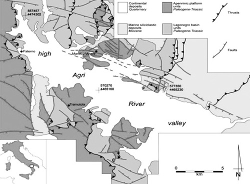 Schema geologico della Val d’Agri (da Borraccini et alii 2002)